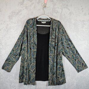 JM Collection Woman 3X layered look blouse Black Multicolor Gold Leaf Pattern